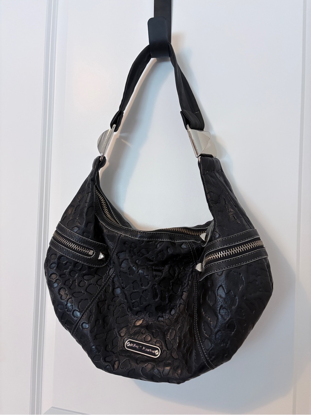 Betsey Johnson Black Leather Leopard-Texture Hobo Bag with Silver Hardware